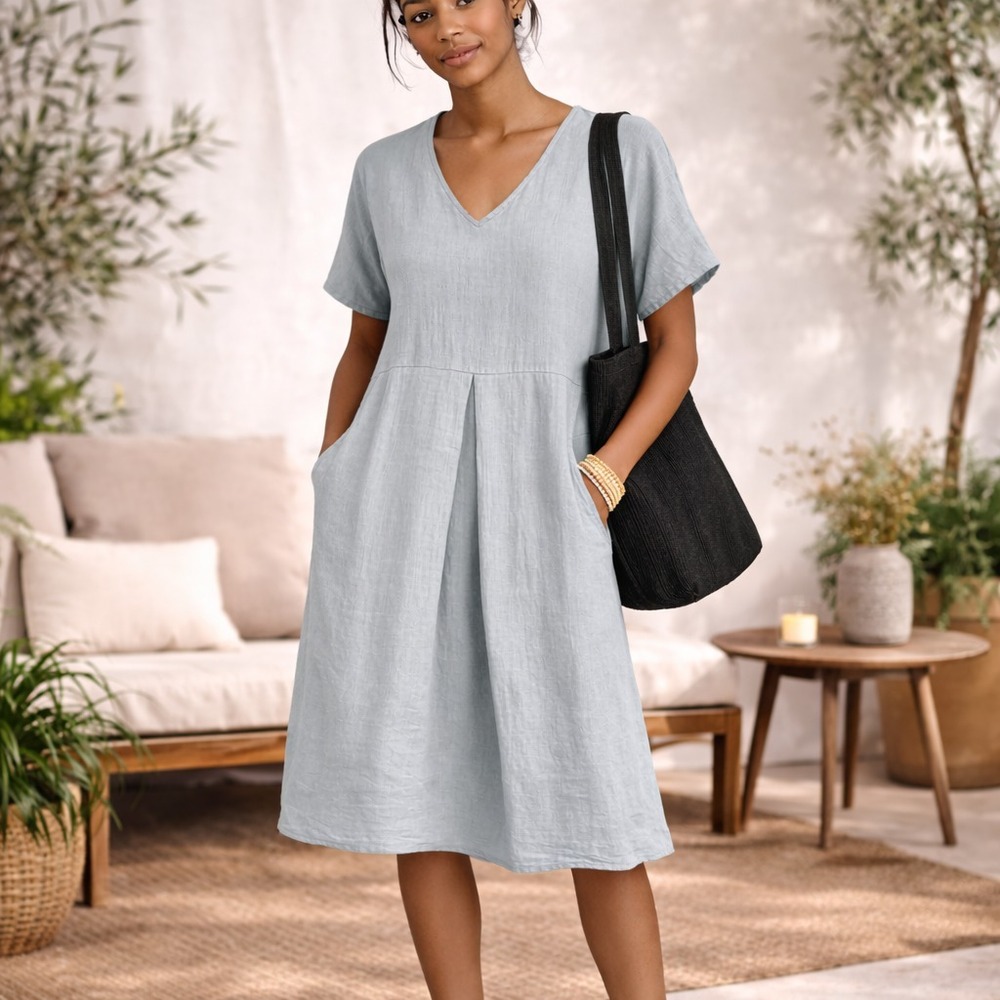 Grae Cove Ainsley Linen Dress Medium V Neck Short Sleeve Pockets Classic